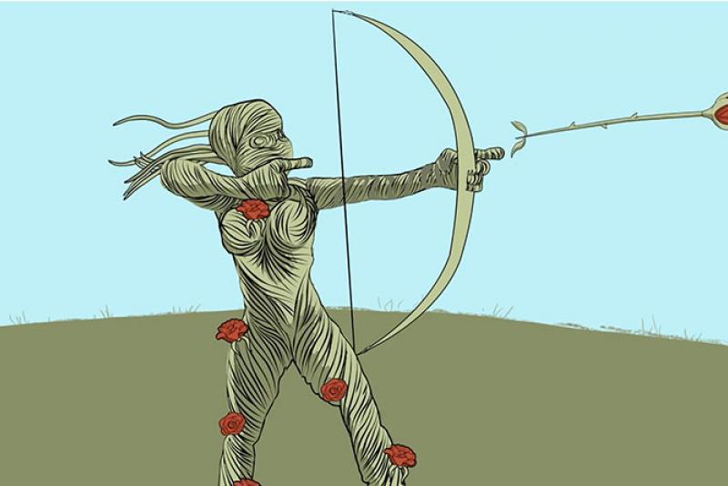illustration of a plant lady shooting a rose from a bow and arrow. 