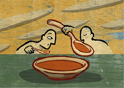 painting of people eating soup. ONe person has a very large spoon, the other has a very small spoon