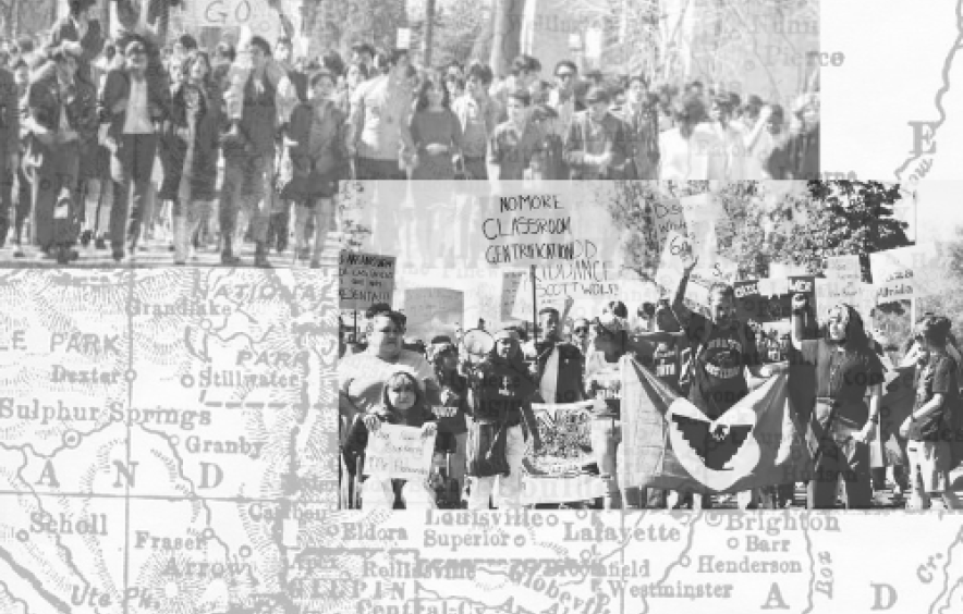 collage of chicano movement photos over map of northern Colorado from 1905